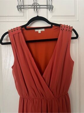Alythea Coral-Red Sleeveless Midi Dress with Studded Shoulders